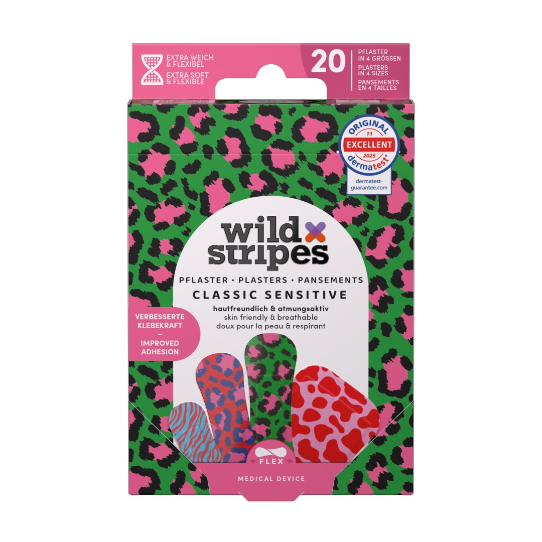 WILD STRIPES Classic Sensitive Animal Color gyvūnų raštų, odai draugiški ir hipoalerginiai pleistrai, 20 vnt.