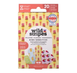 WILD STRIPES Classic Sensitive Kids hipoalerginiai ir odai draugiški vaikiški pleistrai žaizdoms „Fruity Friends“, 20 vnt.