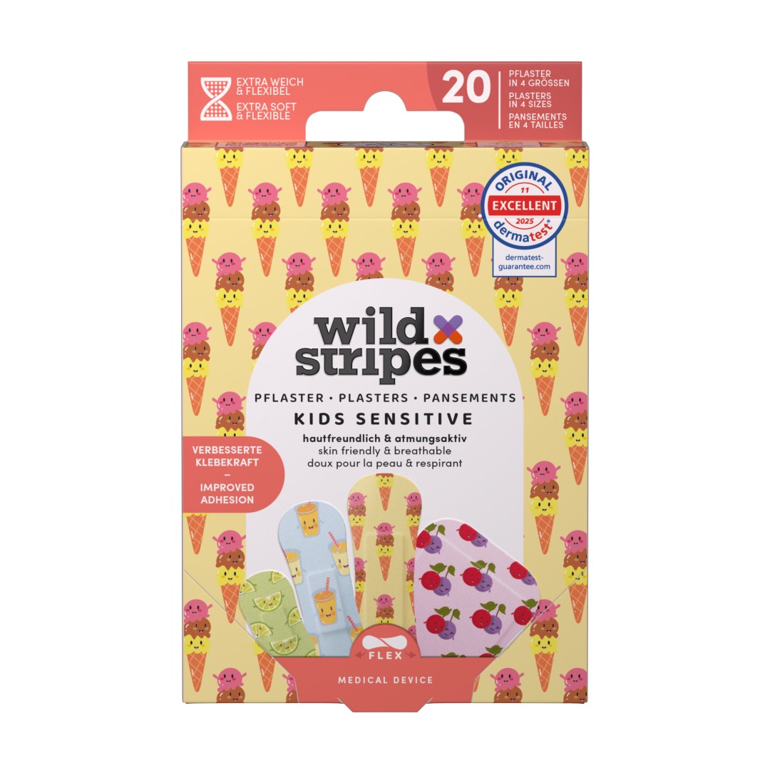 WILD STRIPES Classic Sensitive Kids hipoalerginiai ir odai draugiški vaikiški pleistrai žaizdoms „Fruity Friends“, 20 vnt.