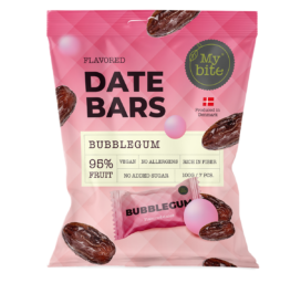 MYBITE datulių batonėlis kramtomosios gumos skonio, 7 vnt., iš viso 100 g