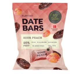 MYBITE datulių batonėlis rūgščių persikų skonio, 7 vnt., iš viso 100 g