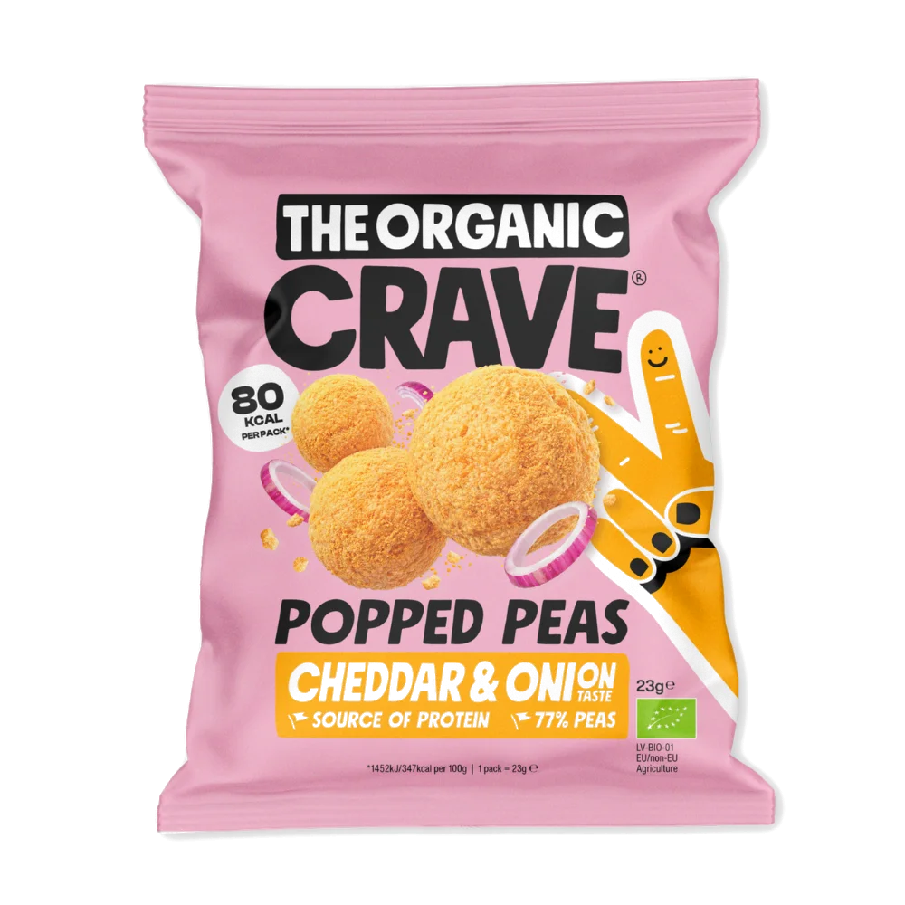 ORGANIC CRAVE ekologiški daug baltymų turintys čederio ir svogūnų skonio žirnių traškučiai, 23 g