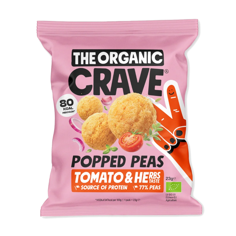 ORGANIC CRAVE ekologiški daug baltymų turintys žirnių užkandžiai su pomidorais ir žolelėmis, 23 g