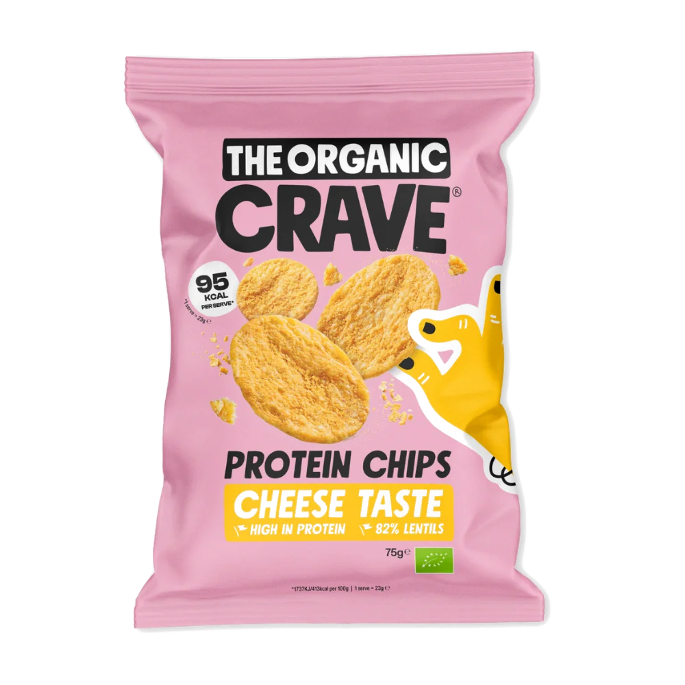ORGANIC CRAVE ekologiški daug baltymų turintys sūrio skonio lęšių traškučiai, 75 g