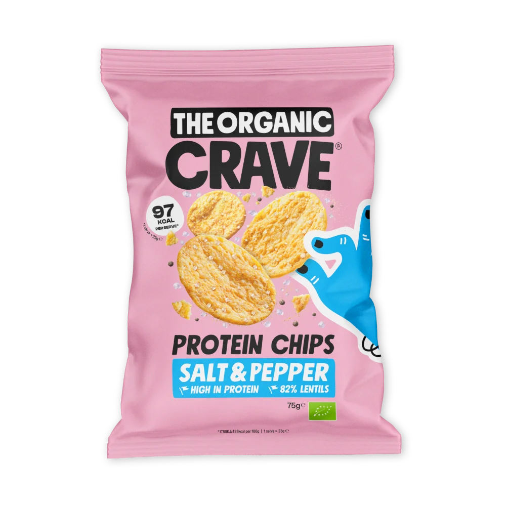 ORGANIC CRAVE ekologiški baltymų gausūs lęšių traškučiai su svogūnais ir pipirais, 75 g